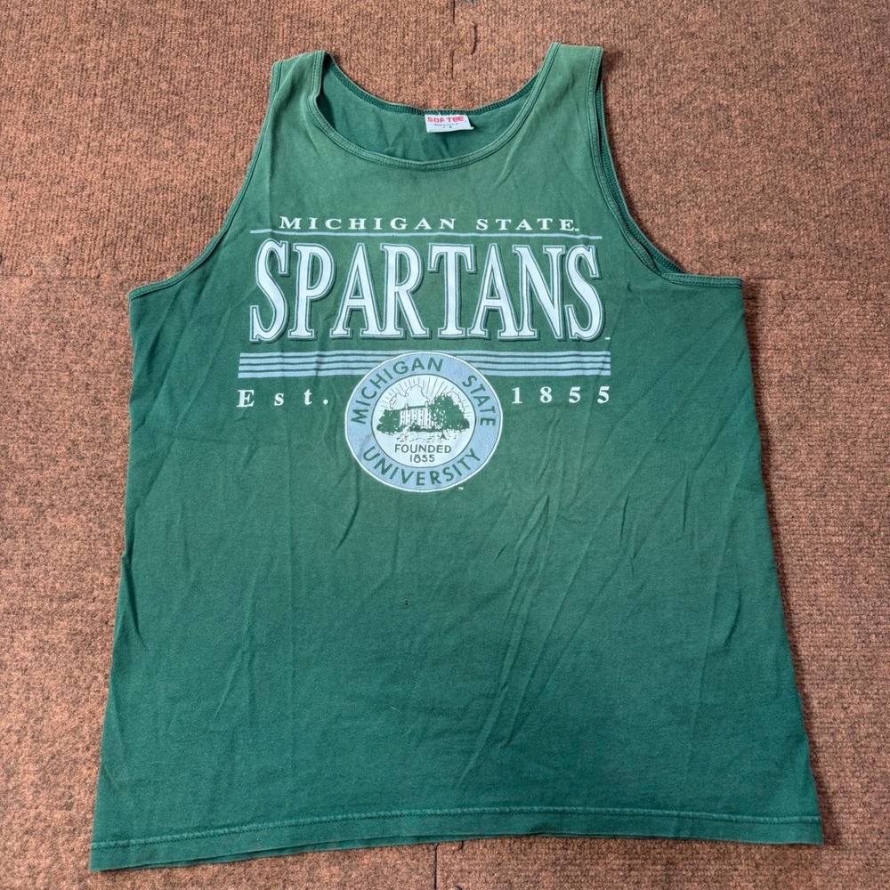 Vintage Michigan State Spartans Tank Top Green Sof Tee Tee Jays Mens Large USA